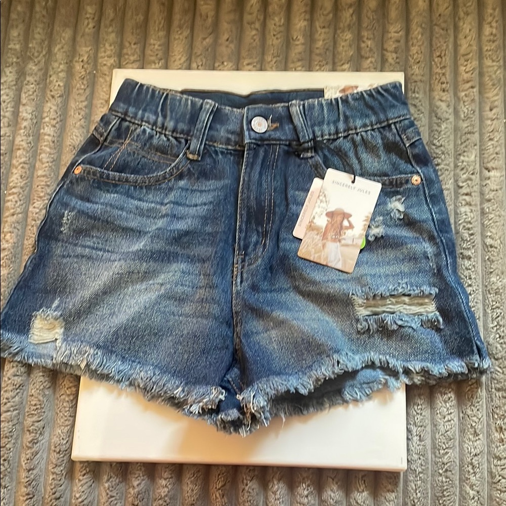 Sincerely Jules Super High Rise Mom Blue Jean Shorts Distressed Frayed Hem